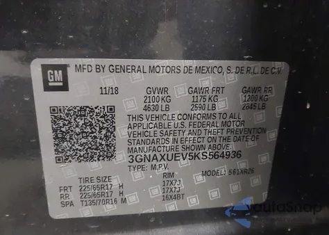 2019 Chevrolet Equinox Lt из США, поврежденный, VIN 3GNAXUEV5KS564936